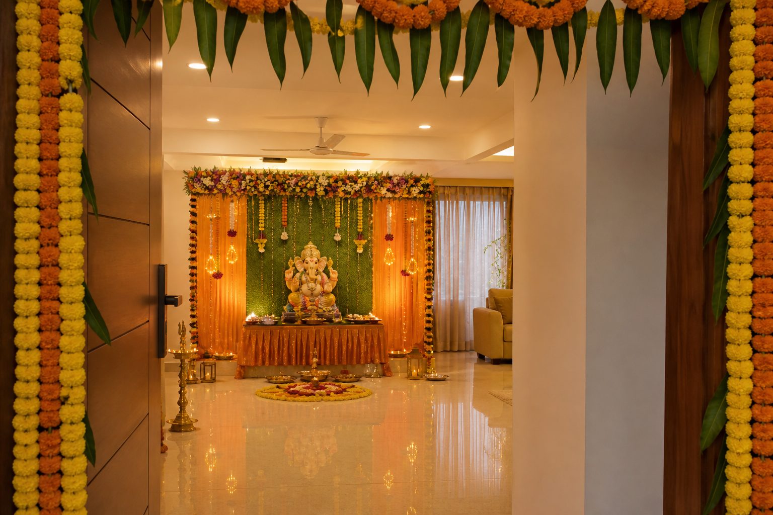 Home mandap and marigold décor for Ganesh Chaturthi
